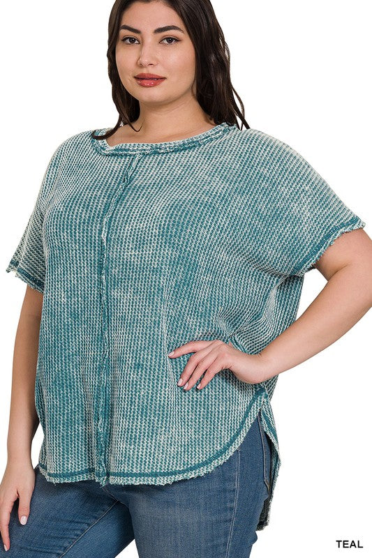 PLUS WASHED BABY WAFFLE SHORT SLEEVE TOP - The Beauty Alley Boutique Inc