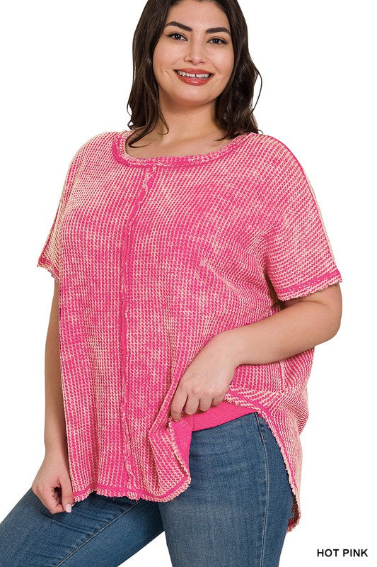 PLUS WASHED BABY WAFFLE SHORT SLEEVE TOP - The Beauty Alley Boutique Inc
