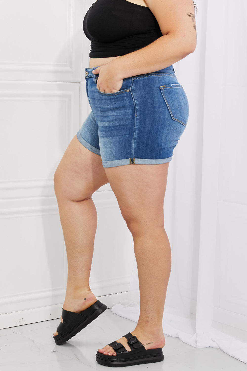 Kancan Full Size High Rise Medium Stone Wash Denim Shorts - The Beauty Alley Boutique Inc